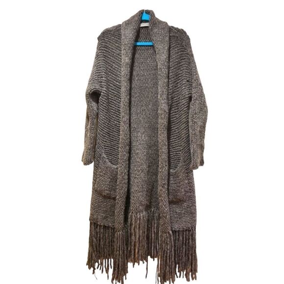 RAQUEL ALLEGRA Baby Alpaca Open Front Sweater Dark Gray, Bohemian Fringe | 3 XL - Picture 2 of 16
